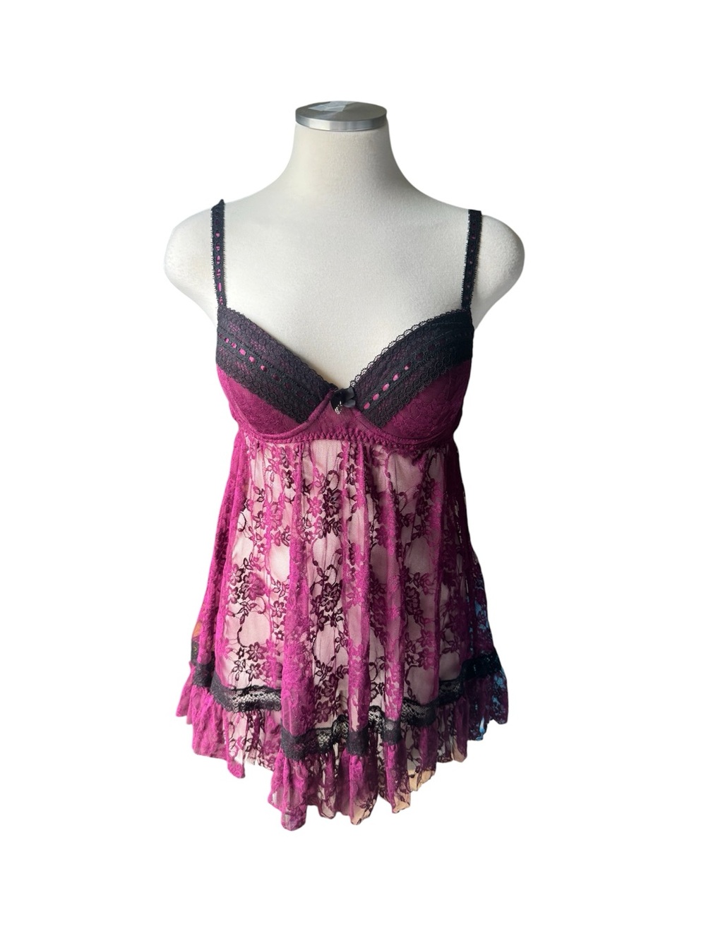 Seductivewear by cinema lingerieMagenta Lace Babydoll Chemise with Black Accents